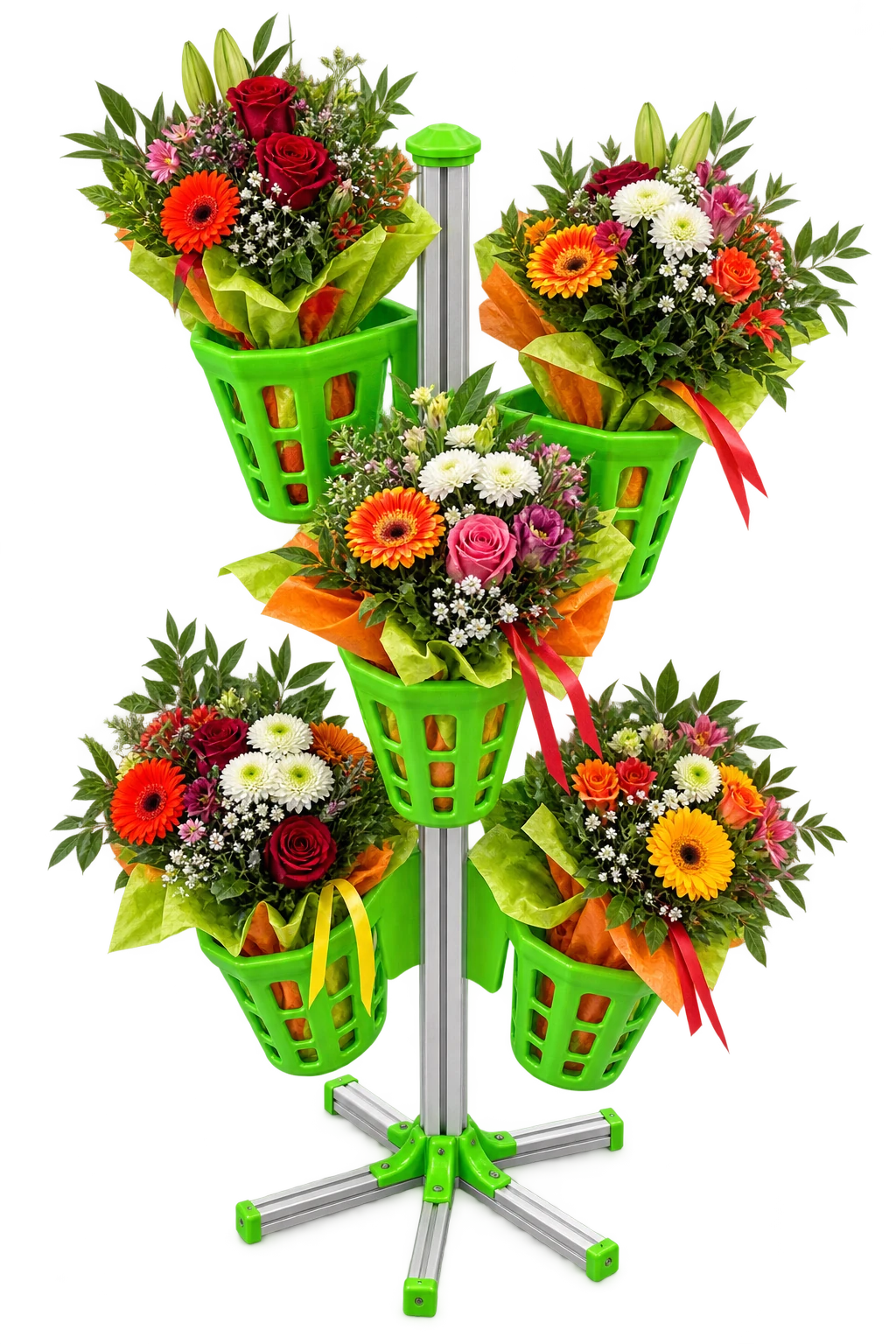 KI-Beispiel unseres Verkaufsdisplays: silberner Bodenständer mit grünen Gitterkörben und fünf bunt verpackten Blumensträußen
