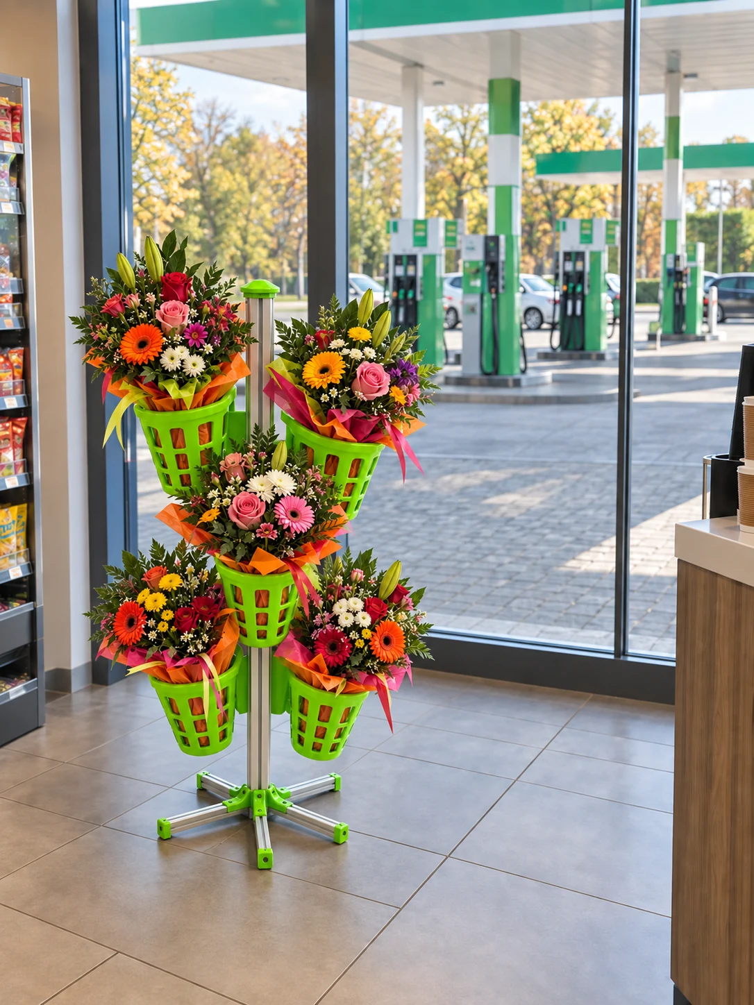 KI-Beispielszene: unser kompakter Blumenständer im Tankstellenshop, mit Blick durch die Glasfront auf das Tankfeld und die Zapfsäulen